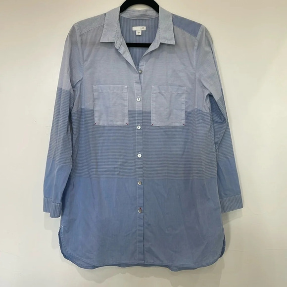 J.Jill Mixed Striped Button Down Tunic Blue White Colorblock 100% Cotton Small - Picture 1 of 5